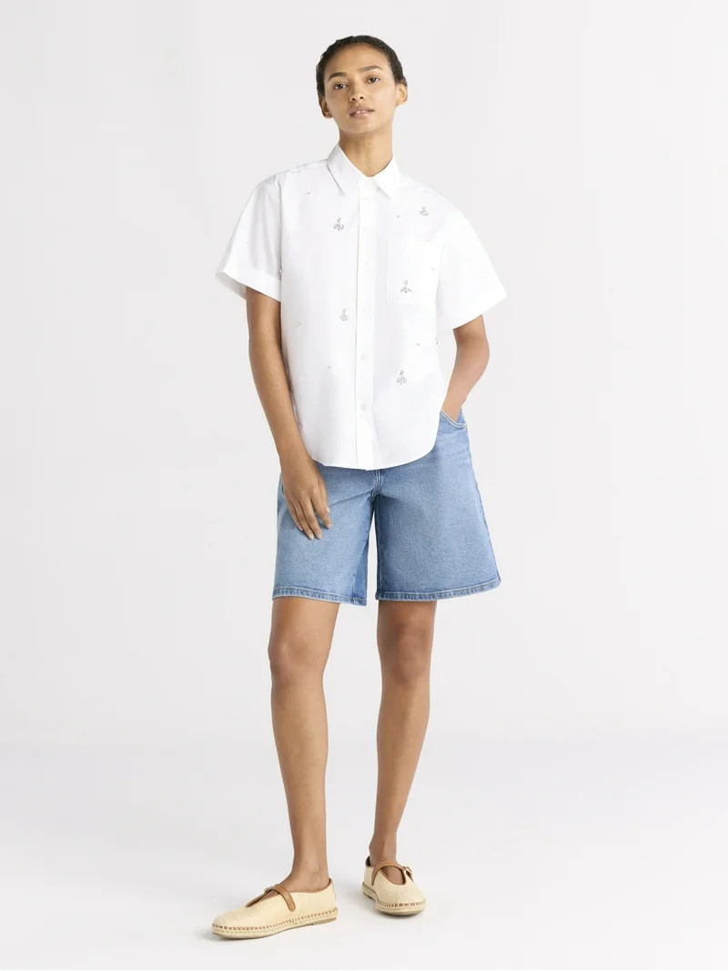 Free Assembly Women's Embellished Cotton Button Up Shirt, Sizes XS-XXL | Walmart (US)