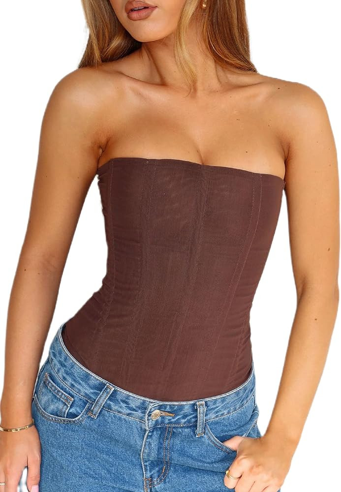 UAURORAO Women Mesh Renaissance Corset Top Strapless Back Zip Up Boned Bustier Tops Y2k Going Out... | Amazon (US)