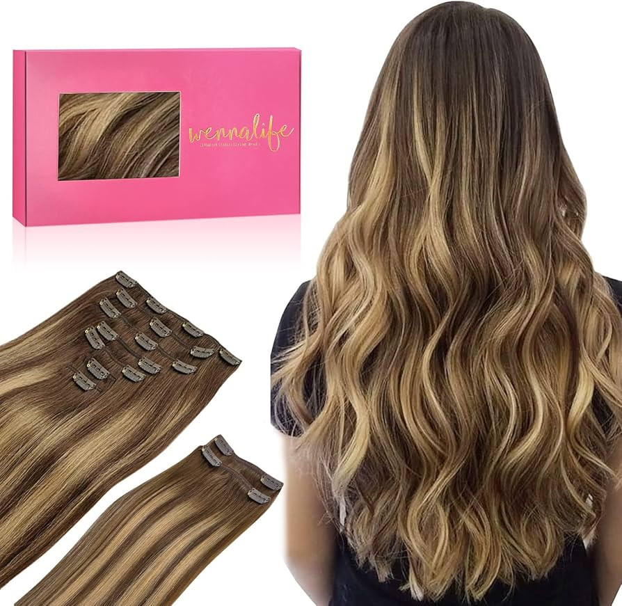 WENNALIFE Clip in Hair Extensions, 150g 16 Inch 9pcs Balayage Chocolate Brown to Honey Blonde Hum... | Amazon (US)