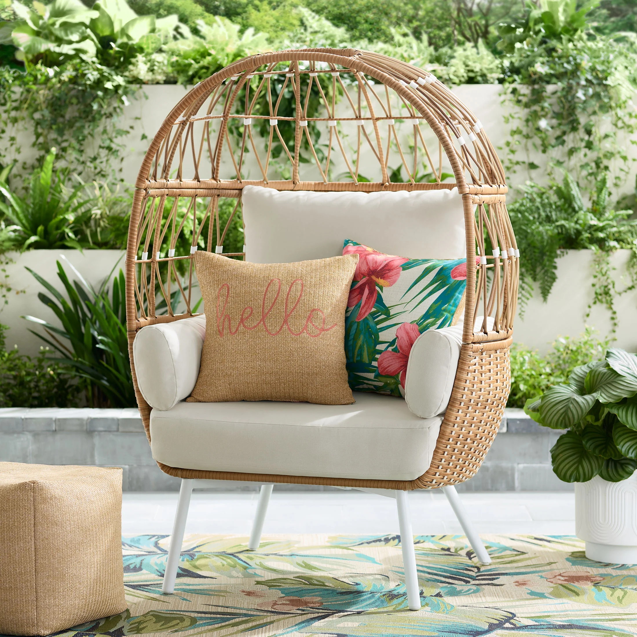 Better Homes and Gardens Lilah Boho Outdoor Stationary Wicker Egg Chair; White | Walmart (US)