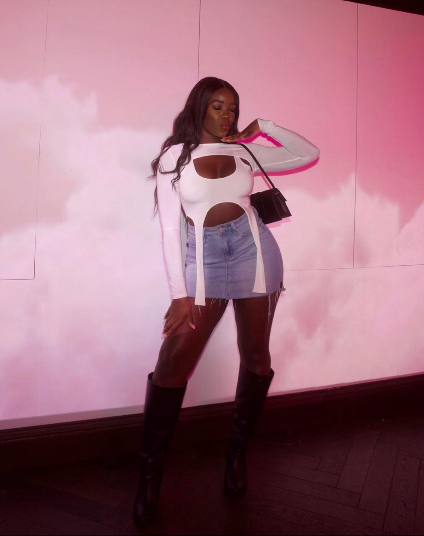 Denim mini skirt, white Ego top, double layered top, cut out too, Ego, black shoulder bag, black boots, denim skirt, Pretty Little Thing, white crop top, croc print boots 

#LTKSeasonal #LTKstyletip #LTKeurope