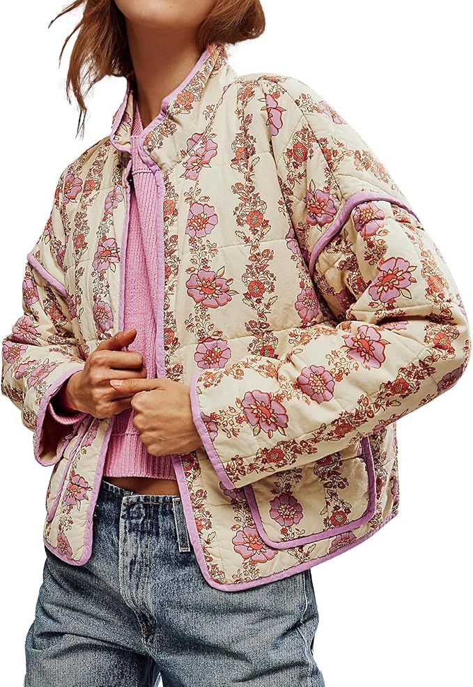 Duyang Women's Cropped Puffer Jacket Lightweight Floral Printed Open Front Quilted Coat Winter Wa... | Amazon (US)