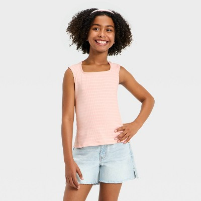 Girls' Square Neck Ribbed Top - art class™ Pink XL | Target