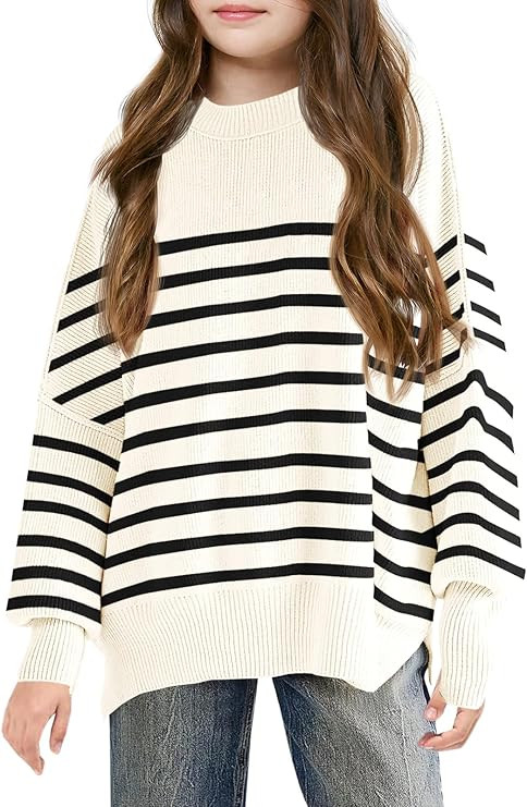 Girls Striped Oversized Sweaters Fashion Batwing Sleeve Side Slit Knit Pullover Clothes 5-14 Year... | Amazon (US)