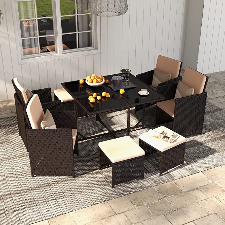 Vicluke 9 Pieces Patio Dining Table Set, Outdoor Table and Chairs Wicker Dining Set with Space Sa... | Amazon (US)