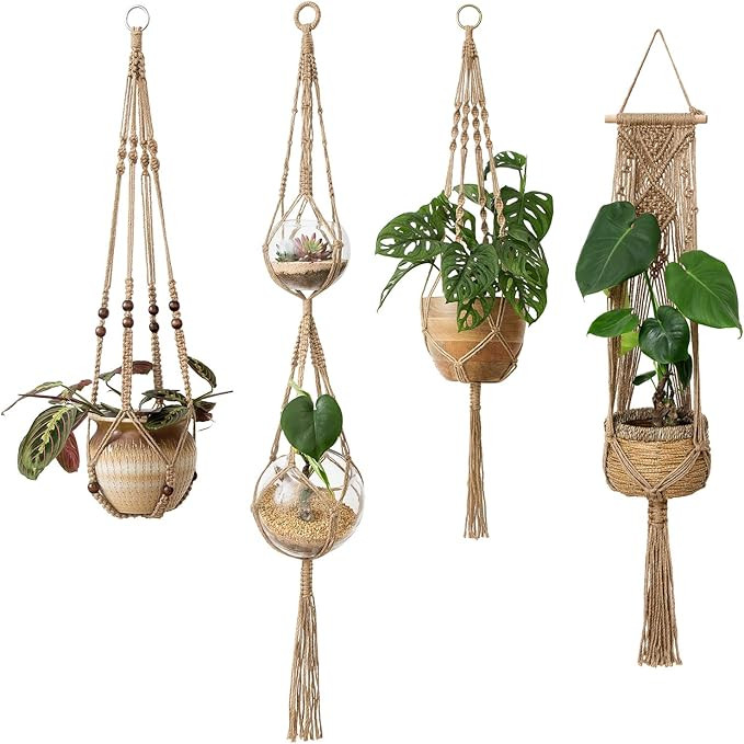 Mkono Macrame Plant Hangers 4 Pcs Indoor Outdoor Hanging Planter Basket Jute Rope Flower Pot Hold... | Amazon (US)