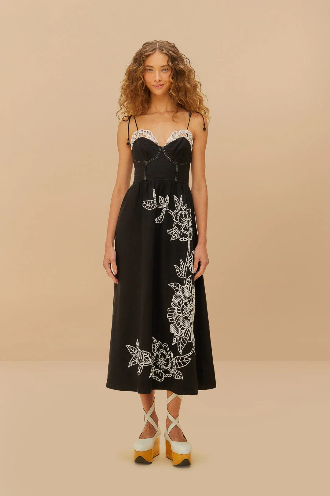 Black Richelieu Lace Euroflax™ Premium Linen Midi Dress | FarmRio (US)