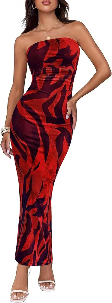 BTFBM Women's Floral Maxi Dresses Summer 2025 Strapless Tube Bodycon Mesh Layered Cocktail Party ... | Amazon (US)