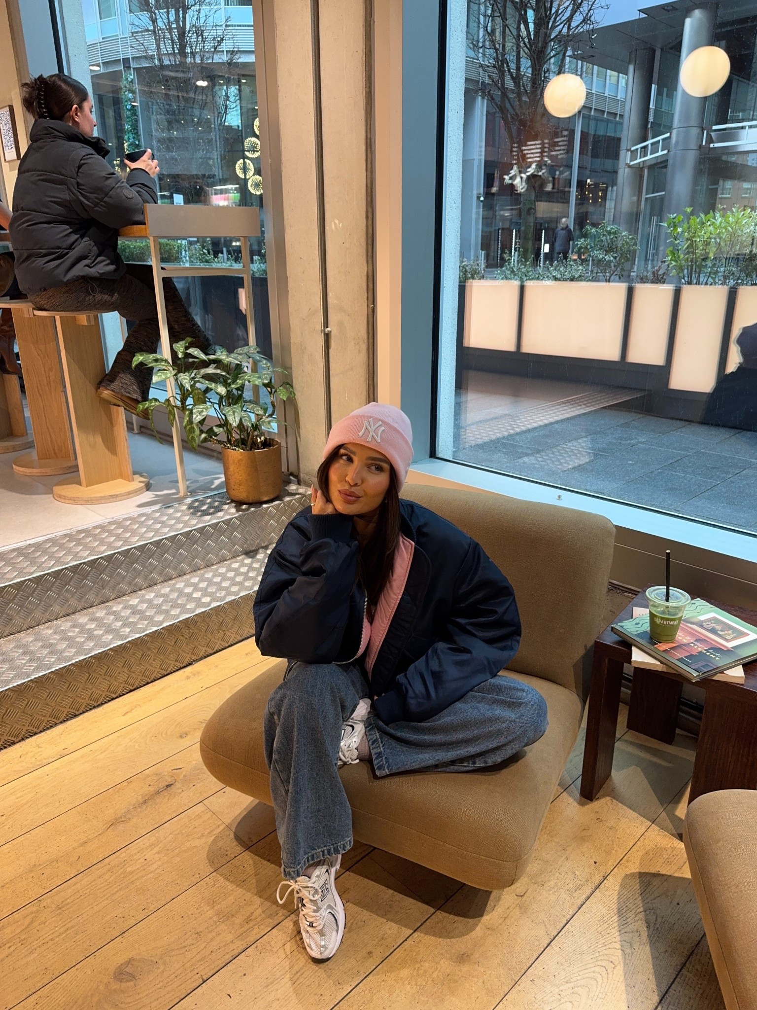 Pink beanie nylon top shop bomber jeans new balance 