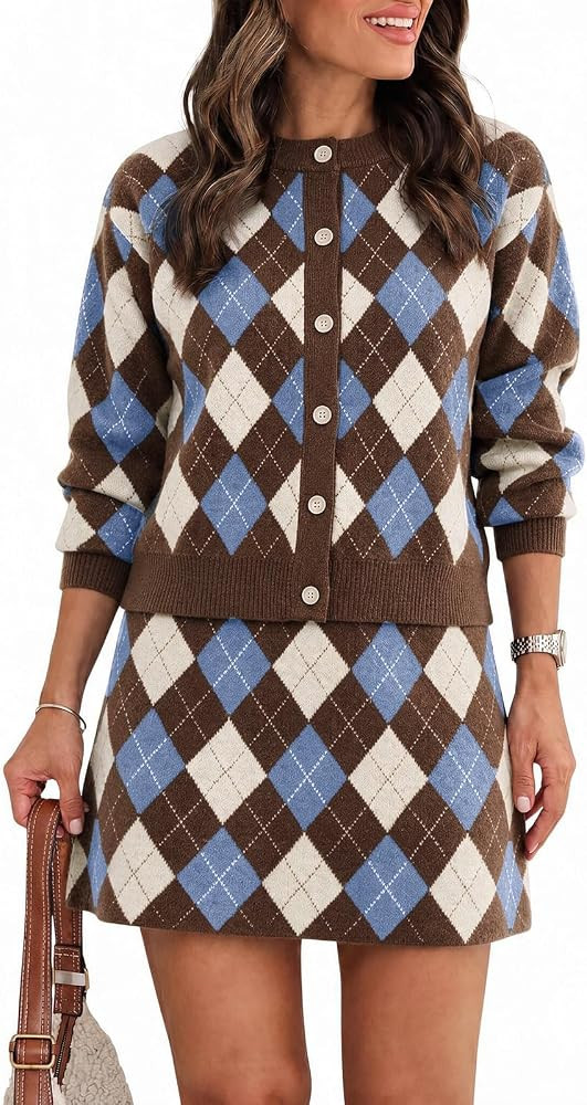 Tankaneo Womens 2 Piece Sweater Skirt Set Argyle Plaid Matching Lounge Sets | Amazon (US)
