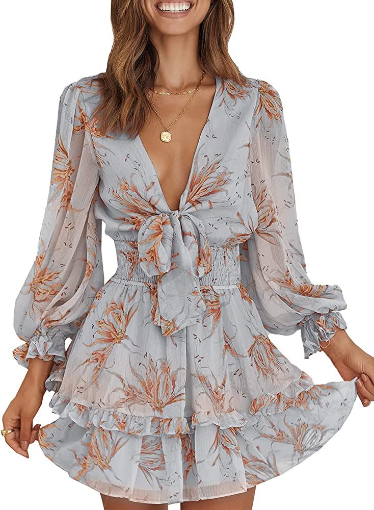 AlvaQ Womens Spring Summer Knot Front V Neck Ruffles Long Sleeve Floral Print Swing Mini Dress | Amazon (US)