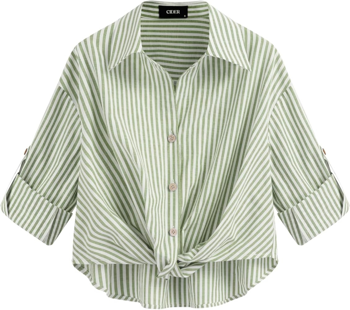 CIDER Womens Shirts Striped Roll Up Long Sleeve Shirts for Women Cotton Blend Button Down Collar ... | Amazon (US)