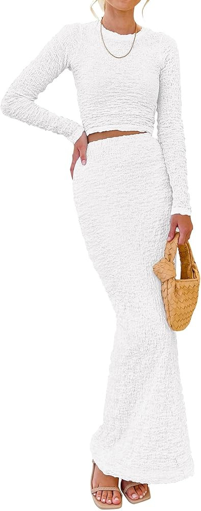 BTFBM Women's Fashion 2 Piece Outfits 2023 Fall Winter Long Sleeve Bodycon Pullover Tops Ruched M... | Amazon (US)