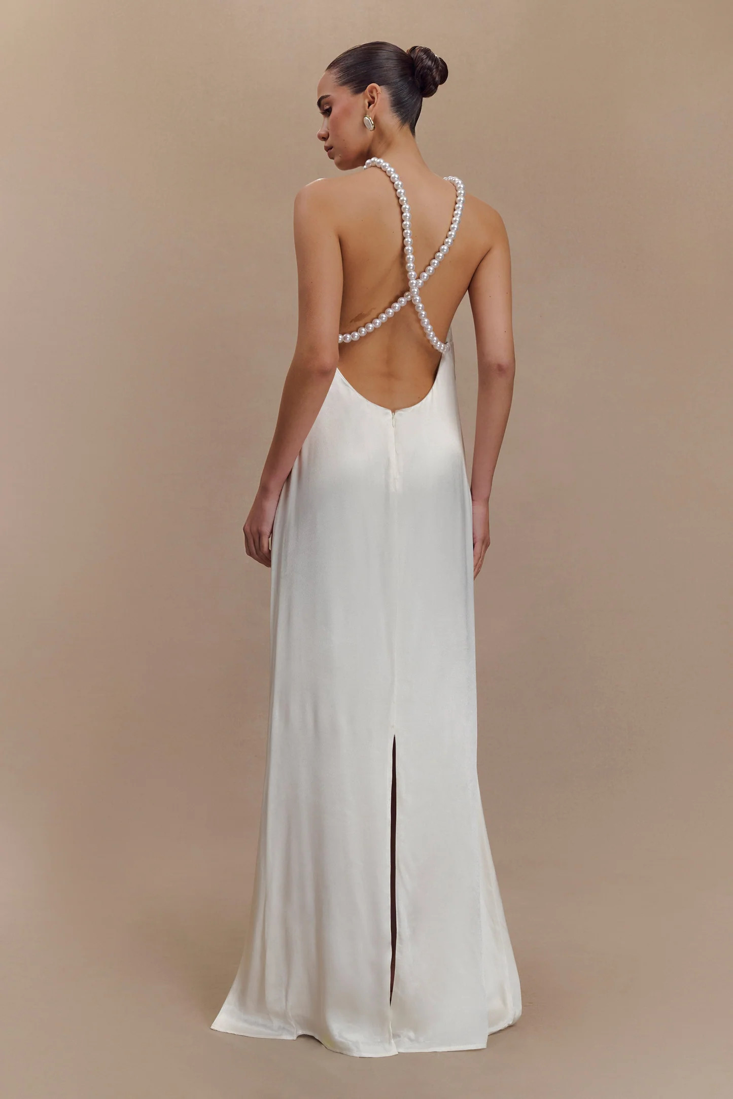 Blanche Satin Pearl Halter Maxi Dress - White | MESHKI US