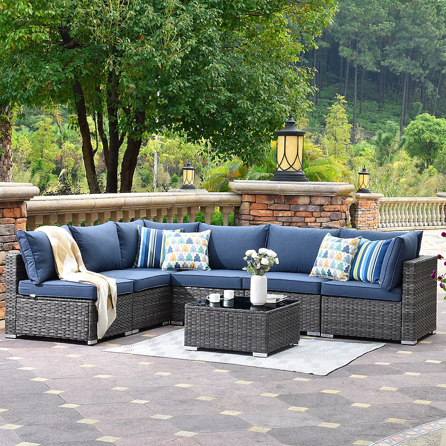 XIZZI Sunrise Rattan Outdoor Sectional with Blue Cushion(S) and Steel Frame | Lowe's