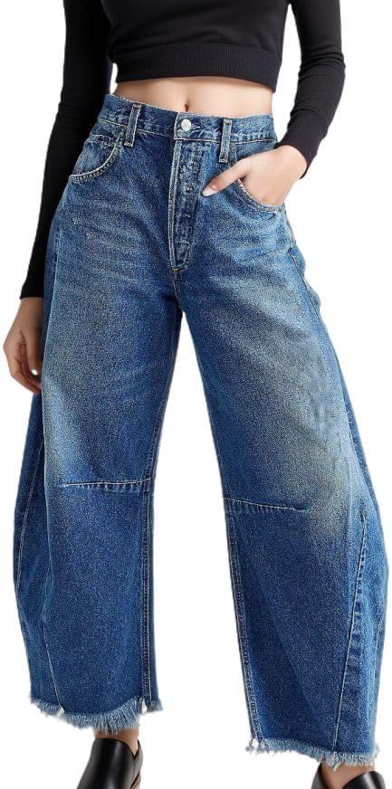 Women's Barrel Jeans Wide Leg Denim Pants Retro Style Flared Hem Boyfriend | Amazon (US)