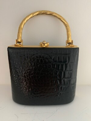 ELAN’  TINY HANDBAG PURSE VINTAGE BLACK FAUX CROCODILE W/GOLD METAL TWIST HANDLE | eBay US