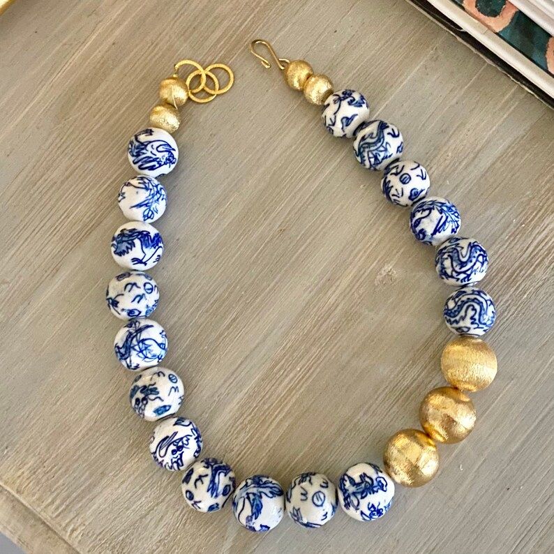 The Judi, Statement necklace, Blue and White Chinoiserie Porcelain beads | Etsy (US)