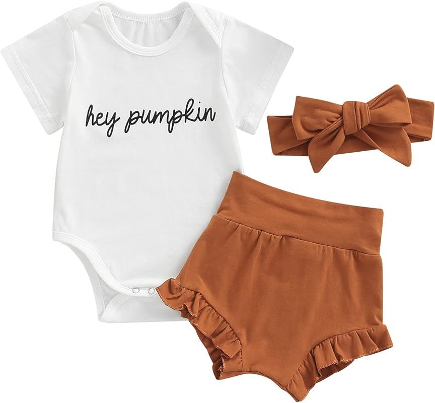 Eadrioss 3Pcs Infant Baby Girl Halloween Outfits - Hey Pumpkin Print Romper Bodysuit Ruffle Short... | Amazon (US)