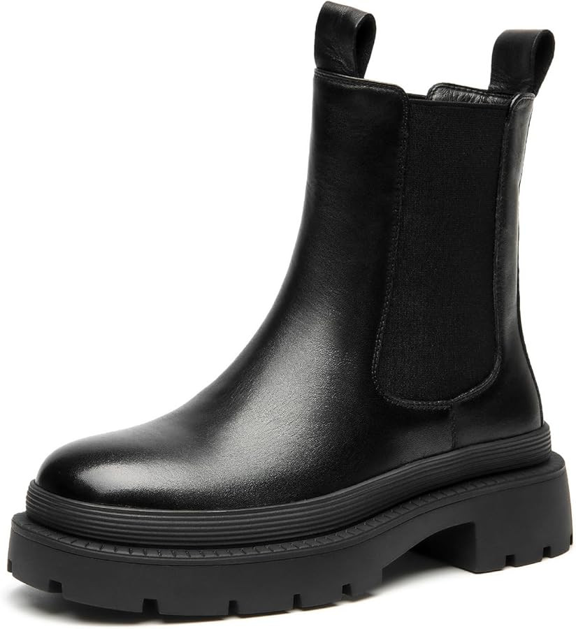 BEAU TODAY Chelsea Boots for Women, Chunky Platform Leather Chelsea Boots Womens Ankle Boots Roun... | Amazon (US)