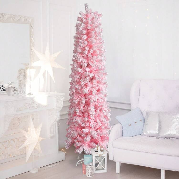 7.5 FT Christmas Decorations, Snow Flocked Hinged Christmas Tree, Artificial Pencil Christmas Tree, Unlit Artificial Christmas Pine Tree With 641 Branch Tips And Sturdy Stand, Pink | SHEIN