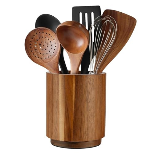 Linda's Essentials Acacia Wooden Utensil Holder for Kitchen Counter, 7.2" Wood Utensil Holder Counter, Kitchen Utensils Holder with 360° Rotation, Non-Slip Large Utensils Holders, Spatula Holders | Amazon (US)