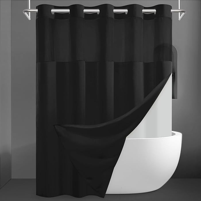 SORTTO No Hook Slub Textured Shower Curtain with Snap in Liner - Black Fabric Outer Curtain & Wat... | Amazon (US)