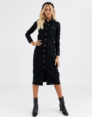 JDY midi denim dress with contrast buttons in black | ASOS UK