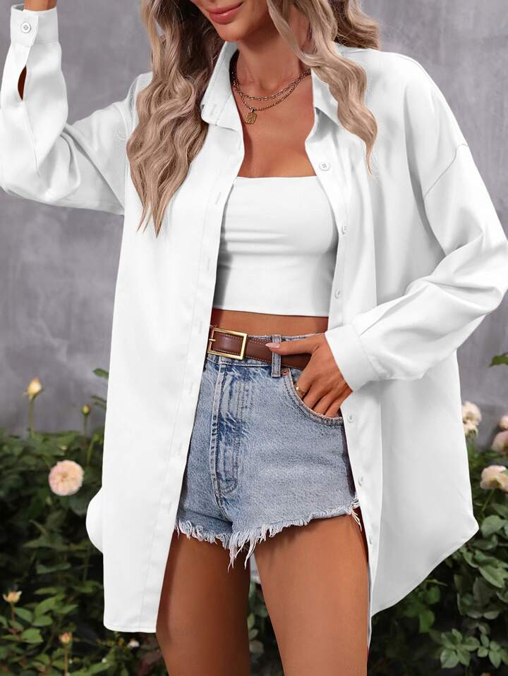 SHEIN Frenchy Solid Drop Shoulder Button Front Shirt | SHEIN