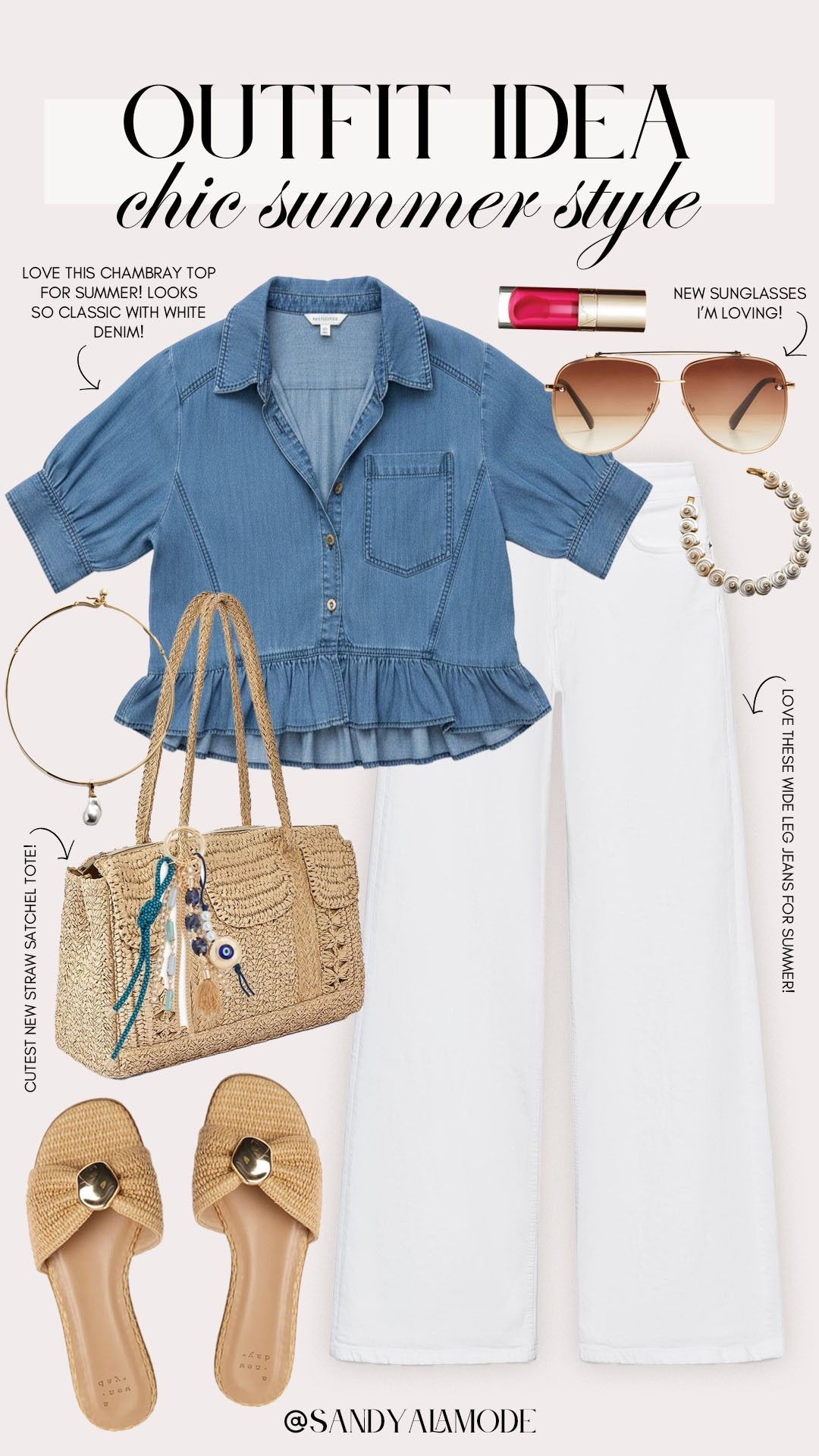 Elevated causal summer outfit. Trendy summer style. Flattering white jeans. Vici new arrivals. Vici chambray top. Target fashion. Target straw satchel tote. Target spring sandals  

#LTKSeasonal #LTKootd #LTKgrwm