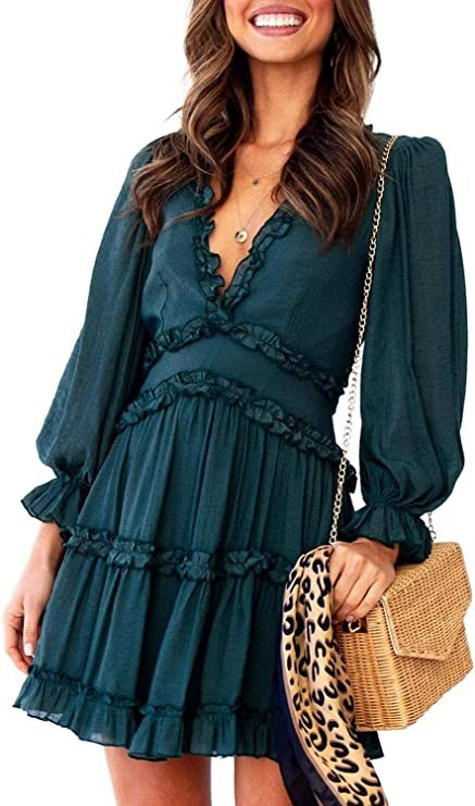 Dokotoo Womens 2022 Fall Summer Deep V Neck Ruffle Long Sleeve Floral Print Mini Dress | Amazon (US)