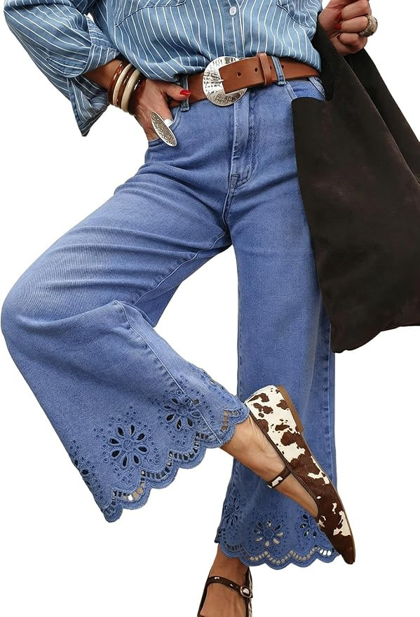 Sidefeel Womens Wide Leg Embroidered Jeans High Waisted Stretchy Straight Leg Loose Fit Ankle Den... | Amazon (US)