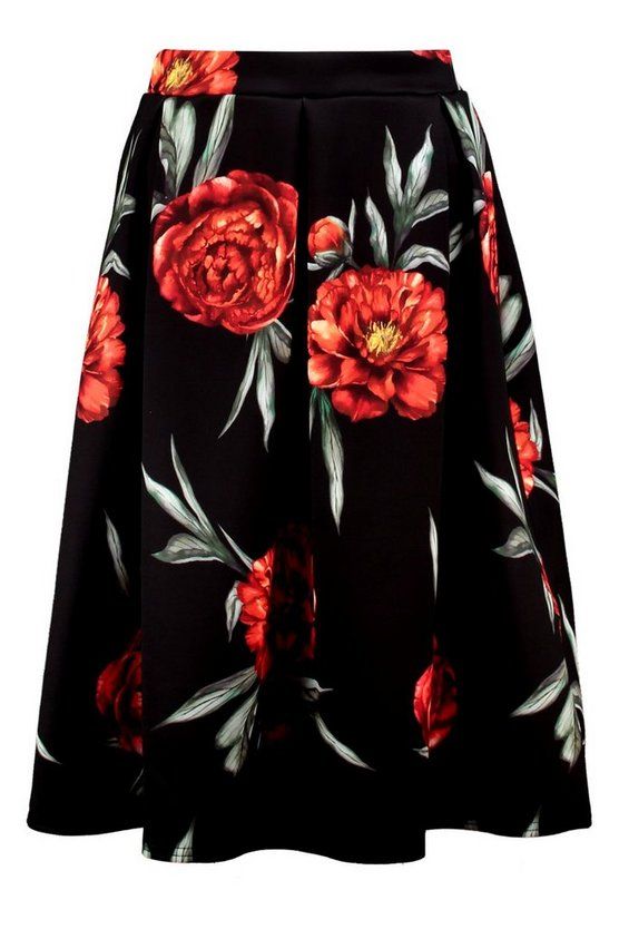 Charlotte Red Floral Full Box Pleat Midi Skirt | Boohoo.com (UK & IE)