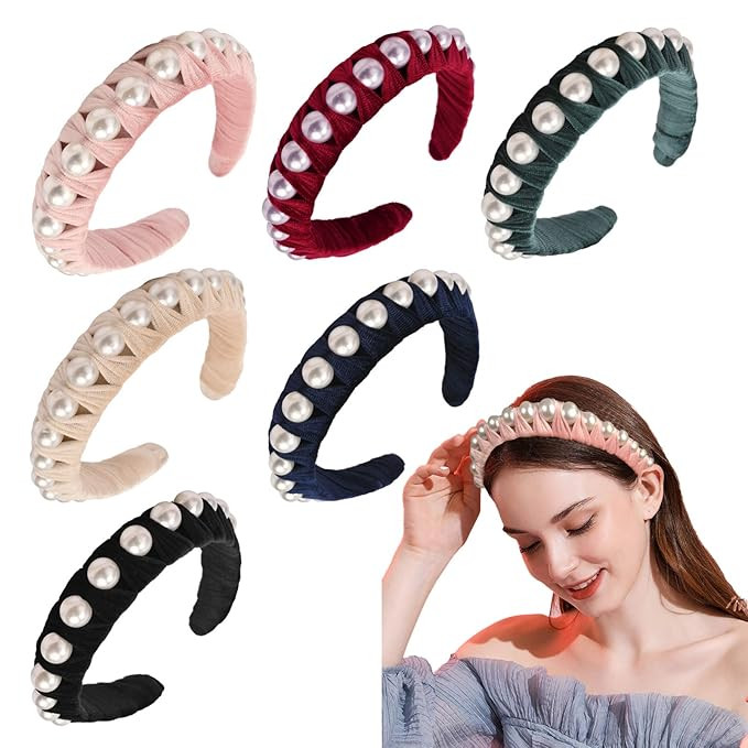 6 Pack Headbands for Women Velvet Wide Pearl Head Bands Turban Hairband Vintage Head wrap with Fa... | Amazon (US)