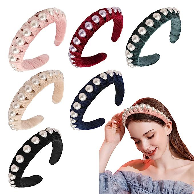 6 Pack Headbands for Women Velvet Wide Pearl Head Bands Turban Hairband Vintage Head wrap with Fa... | Amazon (US)