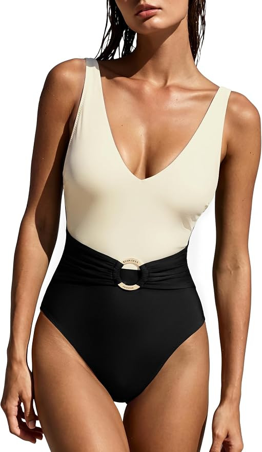 SUUKSESS Women Retro One Piece Swimsuit Metal Tummy Control V Neck Bathing Suit | Amazon (US)