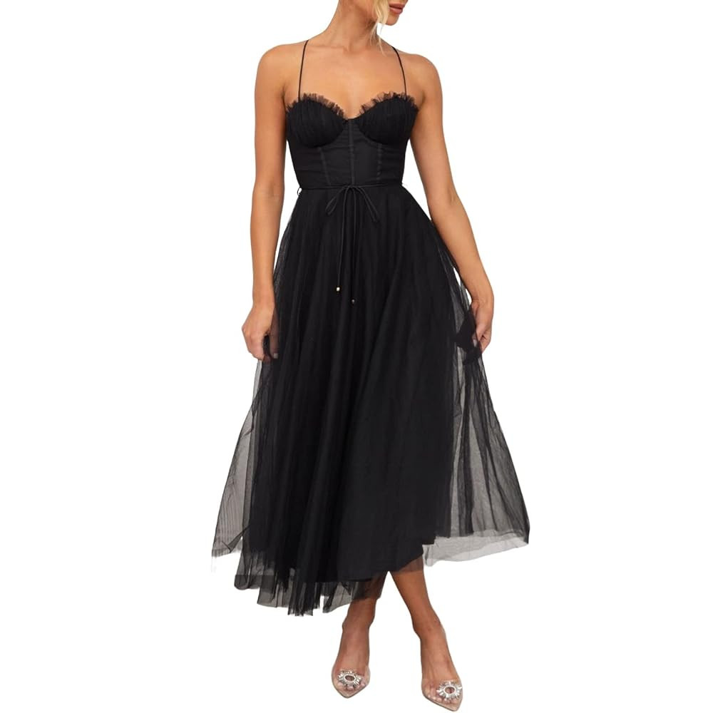Womens Tulle Corset Dress Sleeveless Spaghetti Strap Wedding Guest Midi Dress Vintage Tea Length ... | Amazon (US)