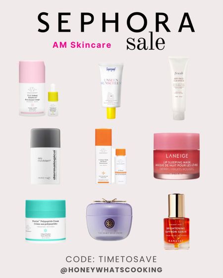 Use code: TIMETOSAVE

Am skincare. I don’t use these products every single day, but these are my favorites for a.m. skin care. Must have is the super goop SPF 40, touch a moisturizer dewy skin, drunk elephant vitamin c serum, and Dermalogica face wash (the best)  