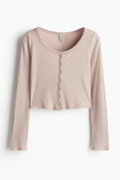 H & M - Ribbed Button-Front Top - Pink | H&M (US + CA)