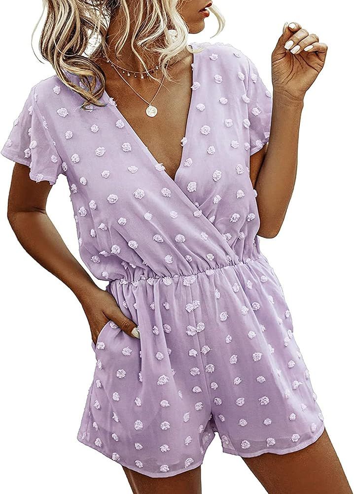 BTFBM Women 2023 Summer Fashion V Neck Wrap Rompers Swiss Dot Pocketed Elastic Waist Short Sleeve Be | Amazon (US)