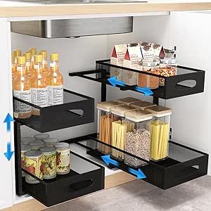 Under Sink Organizer, 2 Tier Pull out Cabinet Organizer Baskets with Mesh Sliding Drawers, Slide ... | Amazon (US)