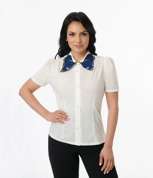 Unique Vintage 1950s White & Blue Butterfly Collar Cotton Blouse | UniqueVintage