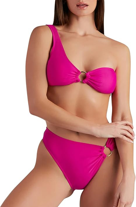 Womens One Shoulder High Waisted Bikini Set Two Piece High Cut Swimsuits Cheeky Ring Thong Bathin... | Amazon (US)