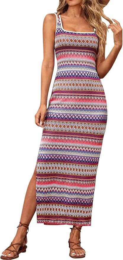 PRETTYGARDEN Womens 2024 Summer Fitted Tight Square Neck Beach Sundress | Amazon (US)