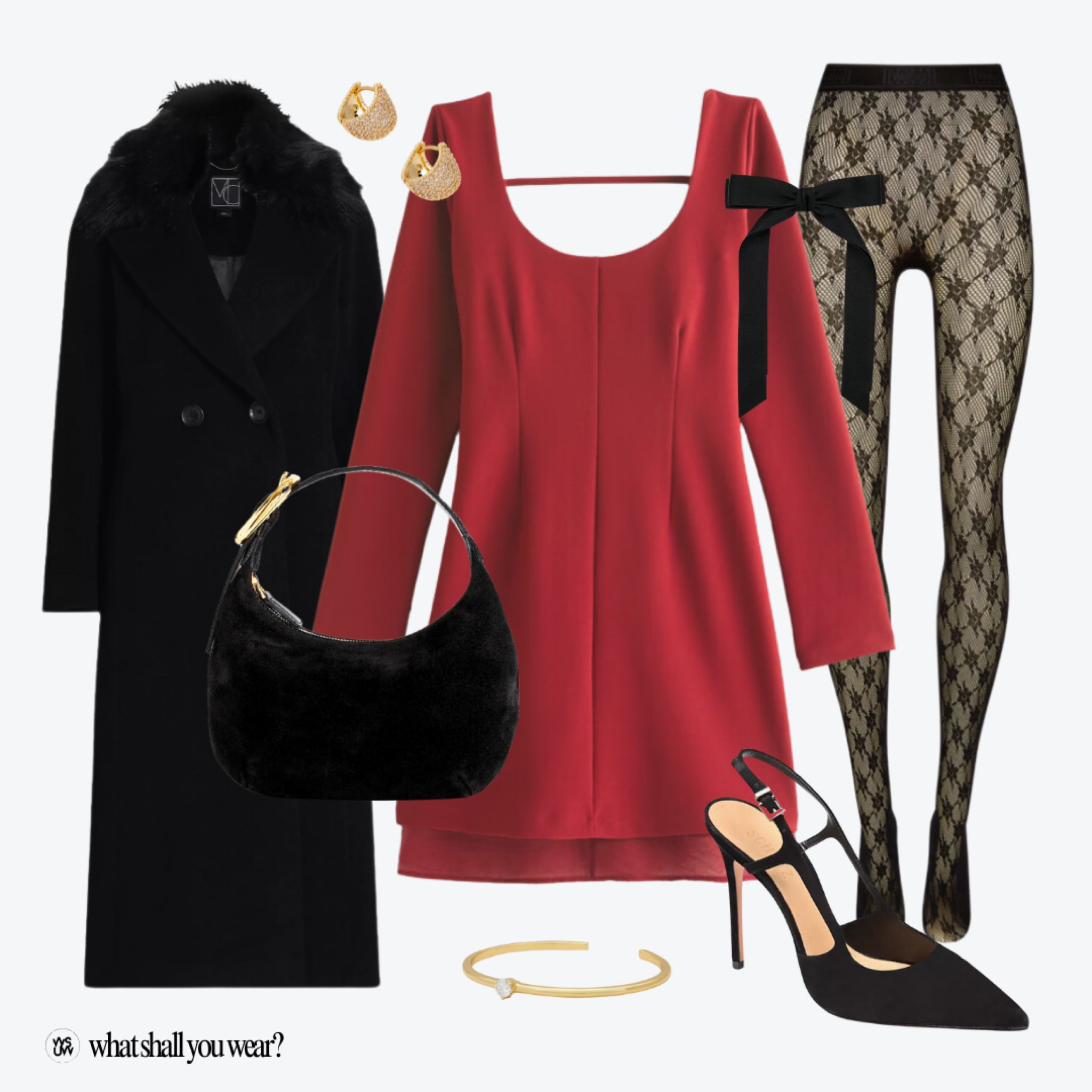 Christmas outfit idea, holiday outfit idea, holiday party dress, red dress, Christmas dress, cute tights, winter tights, patterned tights, wool coat, suede purse, suede heels, hair bow, gold hoops, cuff bracelet 

#LTKShoeCrush #LTKHoliday #LTKItBag