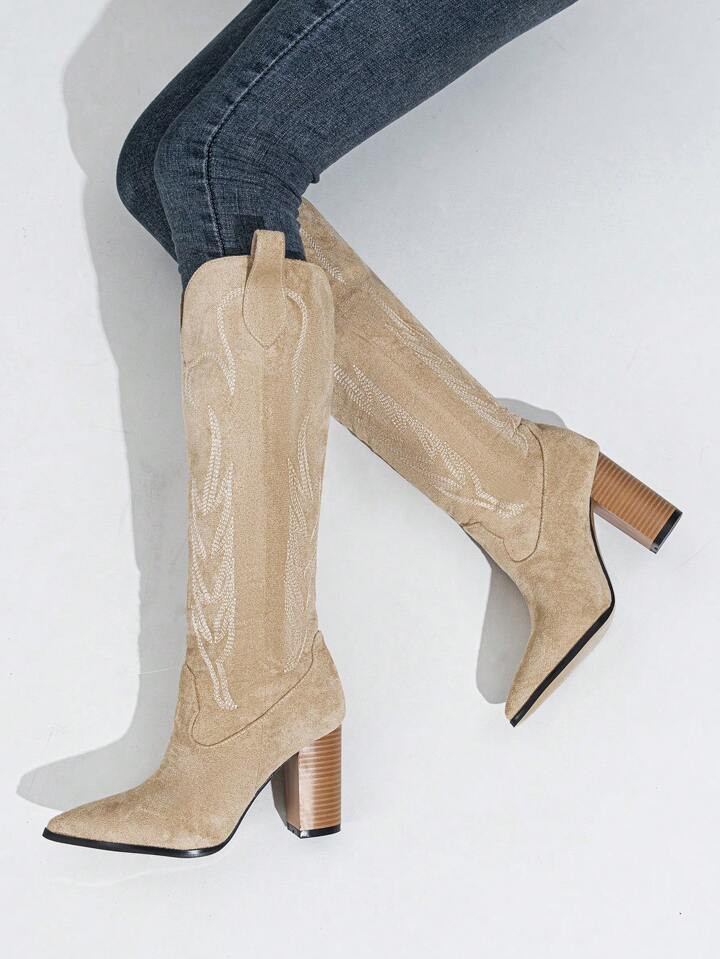 Women Embroidered Detail Point Toe Slip-on Chunky Heeled Western Boots, Vacation Apricot Faux Sue... | SHEIN