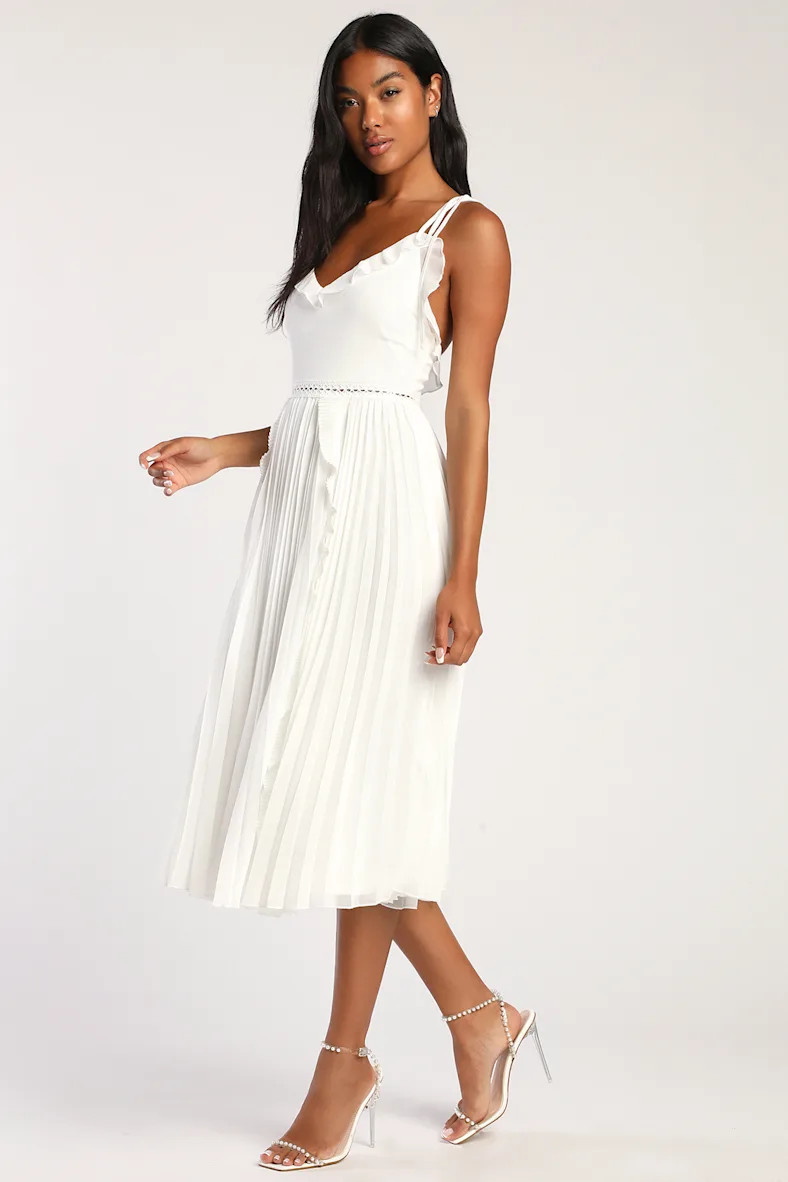 Never a Dull Moment White Tie-Strap Pleated Midi Dress | Lulus (US)