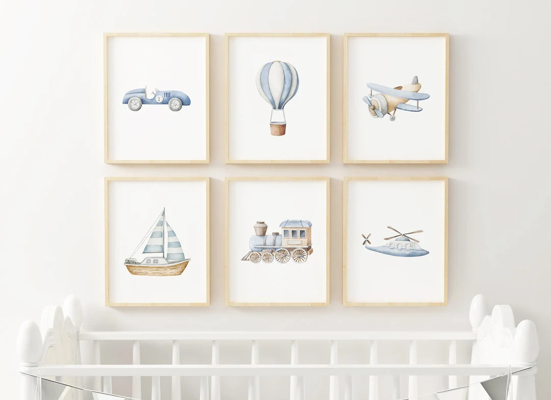 Vehicle Art Print Set Boy Car Plane Train Boat Hot Air Balloon Printed and Shipped Watercolor Pri... | Etsy (US)