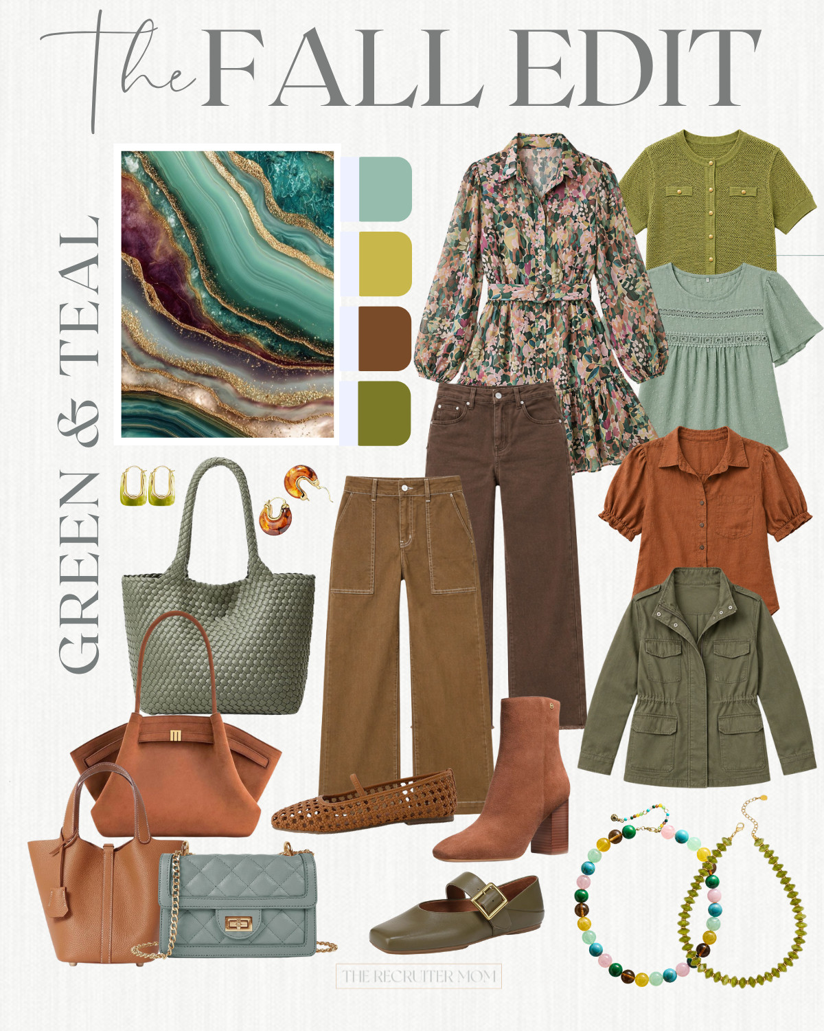 Green and teal for fall is having a MAJOR moment and I am so here for it 🌿✨ A belted floral blouse over brown wide leg pants, a rust linen shirt jacket layered under an olive utility jacket, and a sage knit top that goes with everything — this palette mixes warm and cool in the best way. Woven totes, cognac bags, Mary Jane flats, and beaded necklaces finish every look — linked below 🔗👇

#LTKSeasonal #LTKOver40 #LTKWorkwear