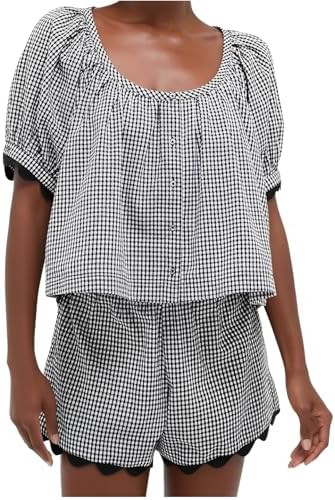 VAOYIU Two Piece Sets for Women Casual Summer Gingham Outfit Puff Sleeve Crew Neck Top Matching S... | Amazon (US)